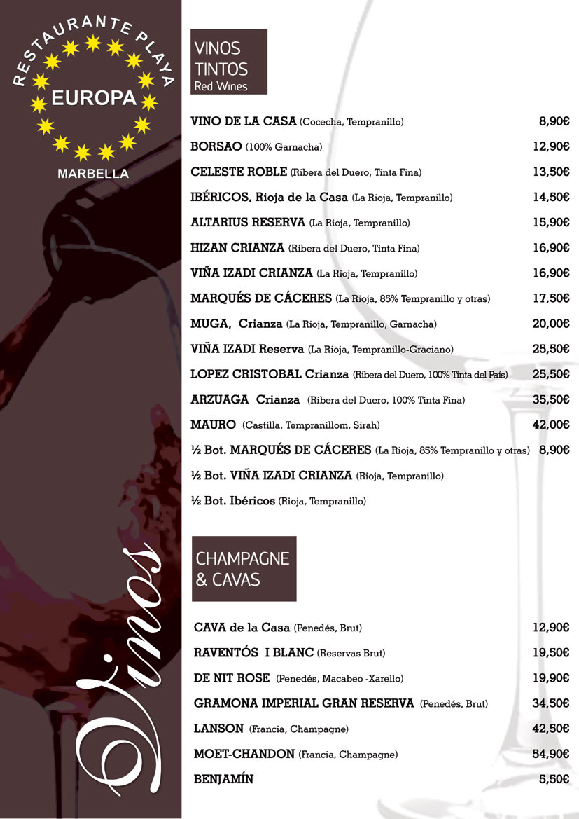 Carta de Vinos del Restaurante Europa  Marbella – Rótulos 